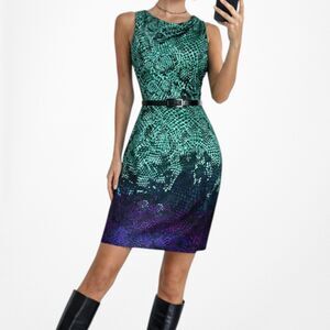 Vintage Y2K Sleeveless Green Purple Ombre Belted Knee Length Knit Dress Size S/M